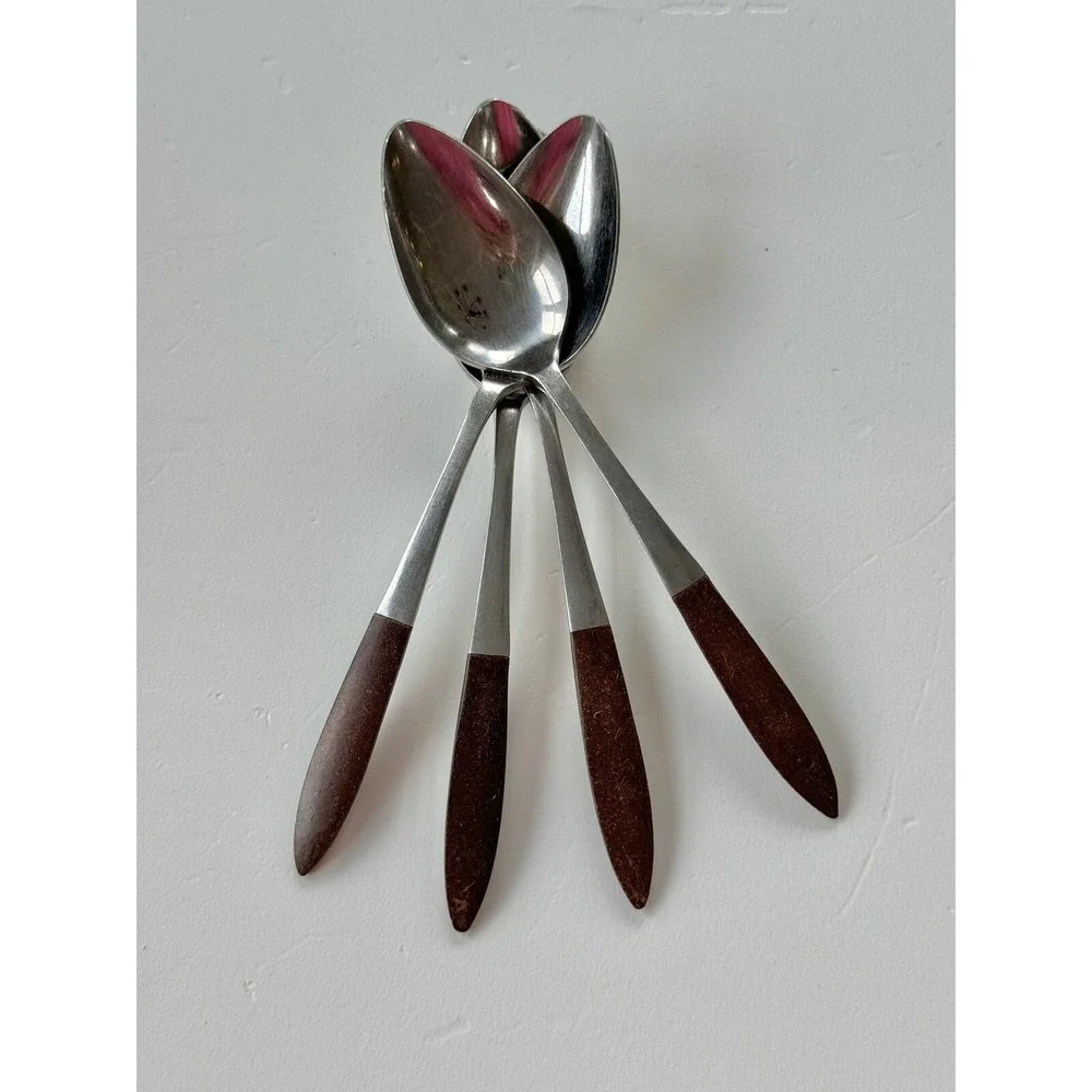Ekco Eterna Canoe 4 Spoons MCM Japan Forged Stainless & Wood Handle
